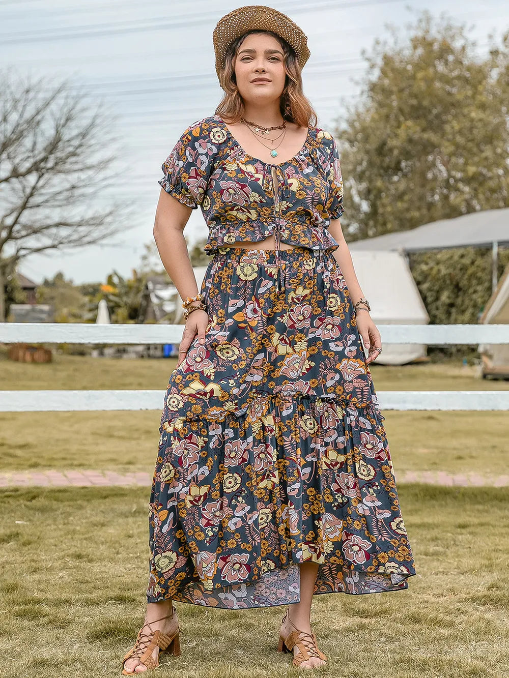 Plus Size Tie Neck Short Sleeve Top and Skirt Set - Premium from Trendsi - Just $50.99! Shop now at Handbags Specialist Headquarter