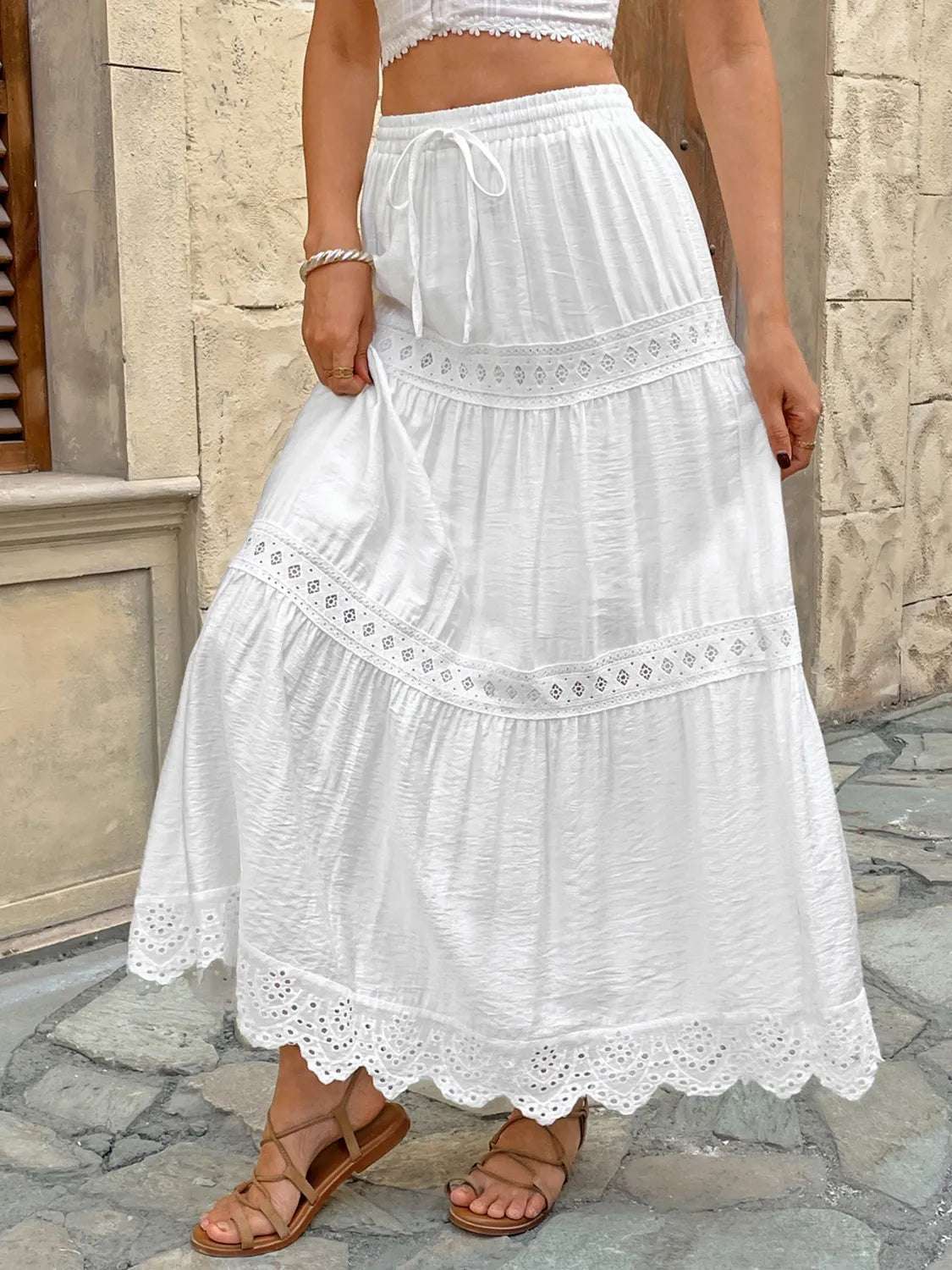 Lace Detail Elastic Waist Skirt - Premium Skirts from Trendsi - Just $48.99! Shop now at Handbags Specialist Headquarter