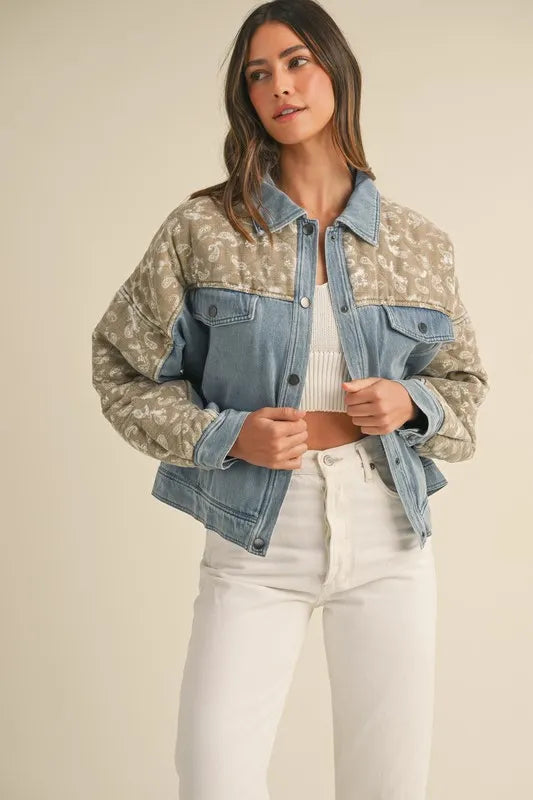 MABLE Quilted Paisley Print Contrast Denim Jacket - Premium Women / Jeans & Denim from Trendsi - Just $71.56! Shop now at Handbags Specialist Headquarter