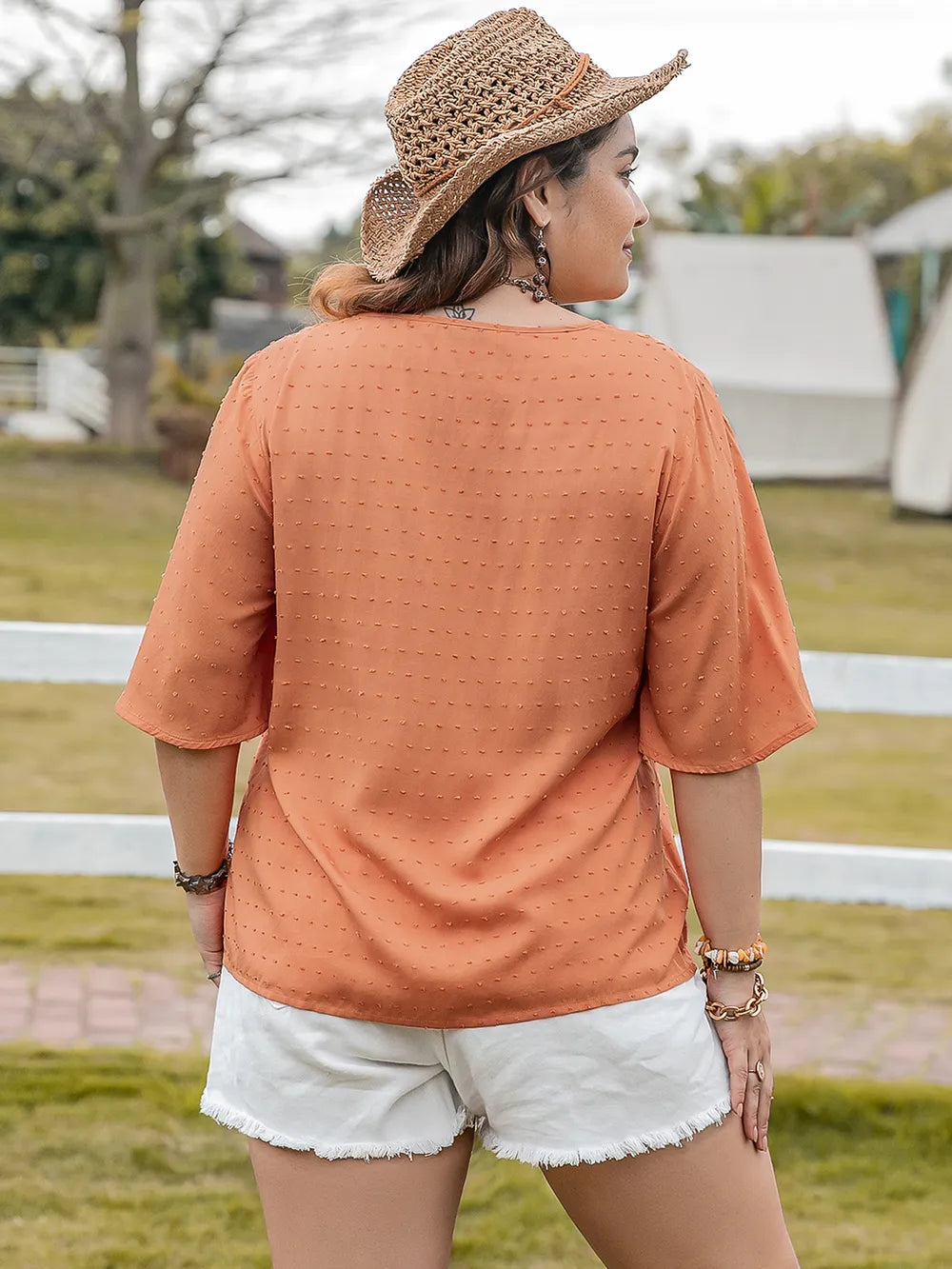 Plus Size Ruched Tie Neck Half Sleeve Blouse - Premium Plus Size Shirts from Trendsi - Just $26.98! Shop now at Handbags Specialist Headquarter