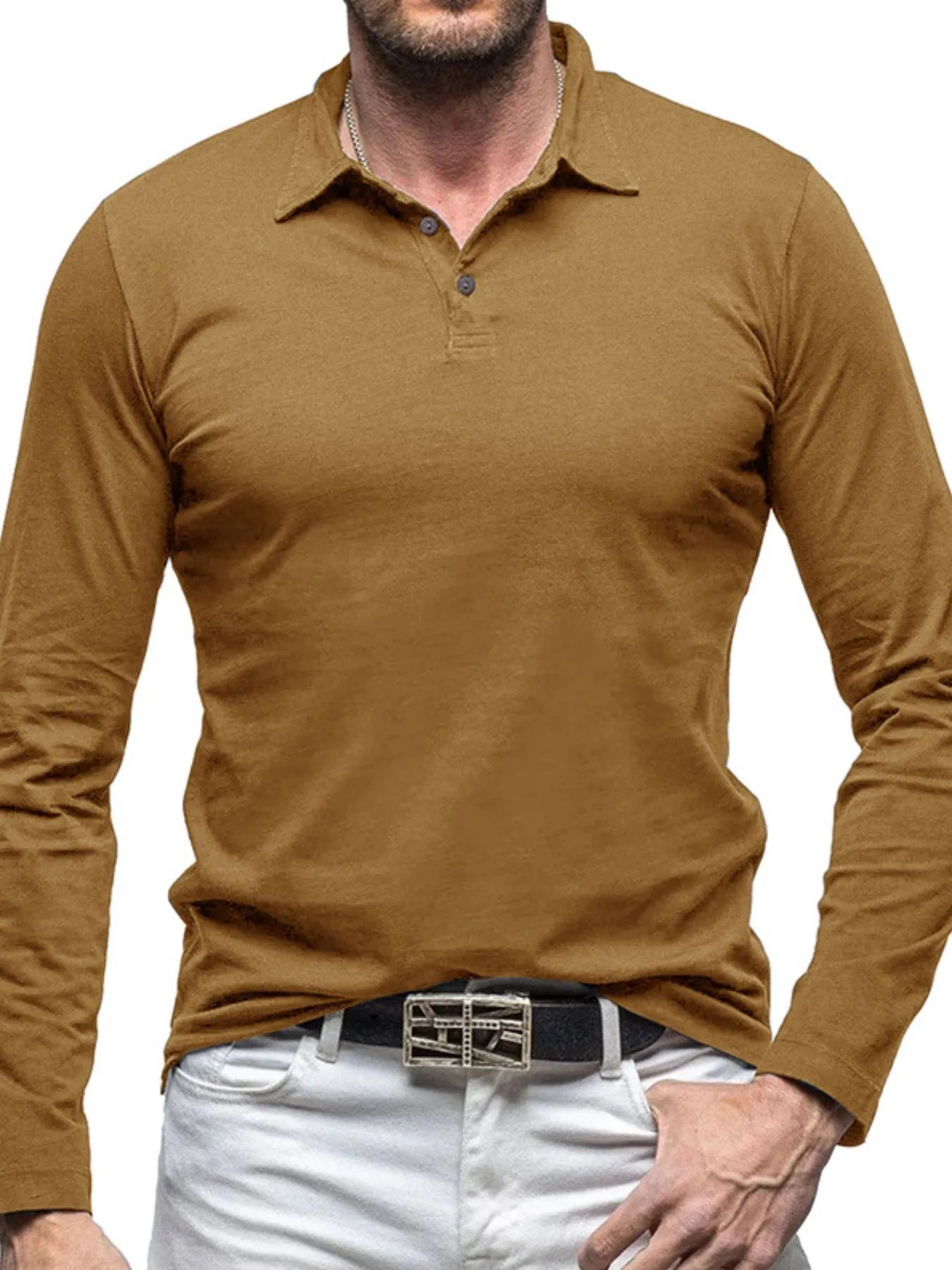 Men's Collared Neck Long Sleeve Polo - Premium Men's Polo shirt from Trendsi - Just $43.99! Shop now at Handbags Specialist Headquarter