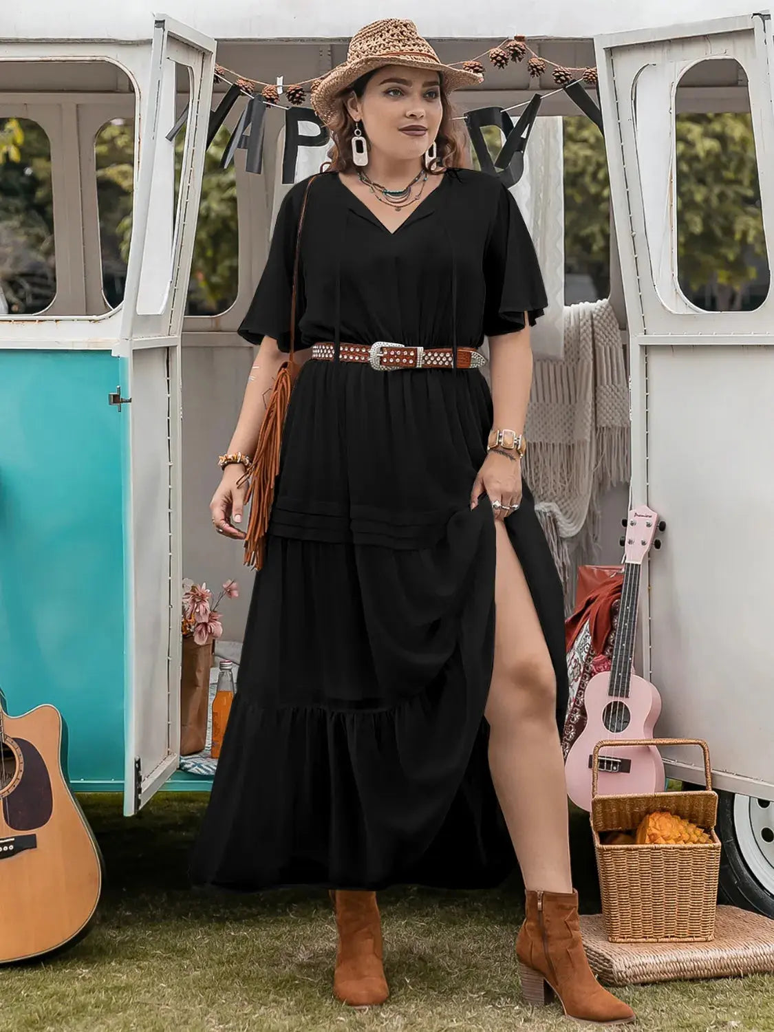 Plus Size Tie Neck Flutter Sleeve Dress.