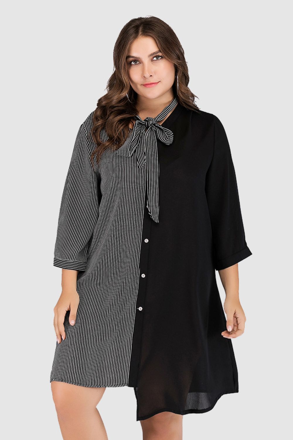 Plus Size Striped Color Block Tie-Neck Dress - Premium Dresses from Trendsi - Just $42.99! Shop now at Handbags Specialist Headquarter