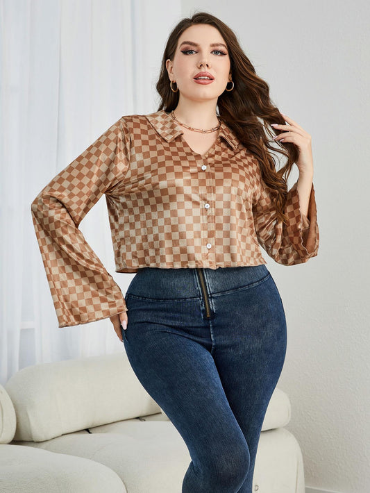 Plus Size Checkered Johnny Collar Flare Sleeve Shirt - Premium Plus Size Shirts from Trendsi - Just $27! Shop now at Handbags Specialist Headquarter