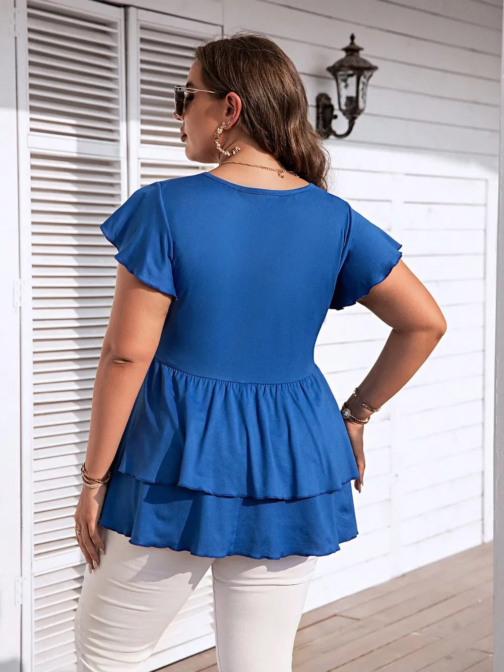 Plus Size V-Neck Flutter Sleeve Blouse - Premium Plus Size Shirts from Trendsi - Just $21! Shop now at Handbags Specialist Headquarter