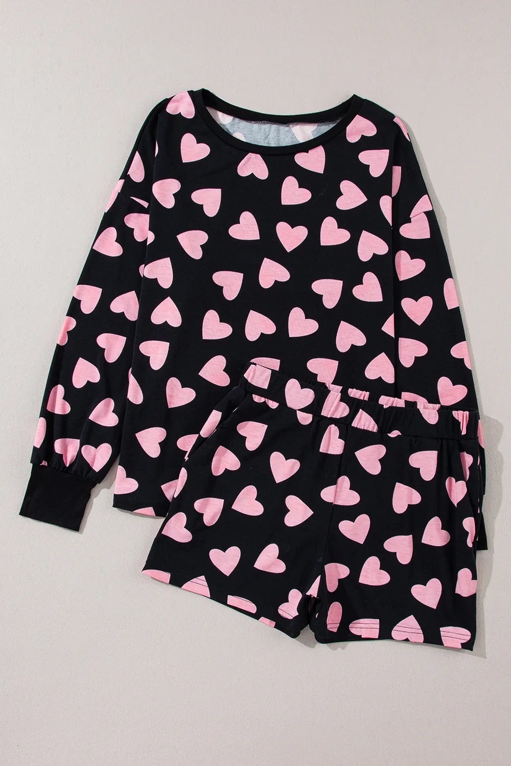 Heart Print Long Sleeve Top and Shorts Lounge Set - Premium Sleepwear from Trendsi - Just $37.99! Shop now at Handbags Specialist Headquarter