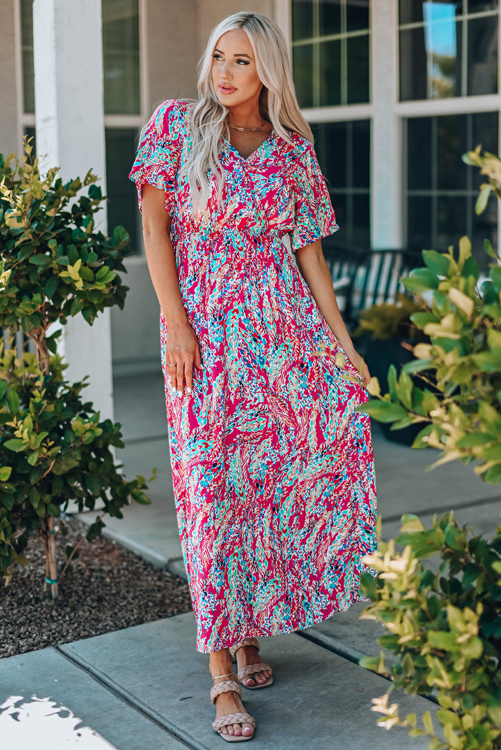 Multicolored V-Neck Maxi Dress - Premium Maxi Dress from Trendsi - Just $38.99! Shop now at Handbags Specialist Headquarter