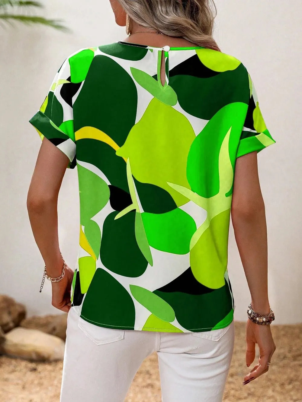 Contrast Round Neck Short Sleeve Blouse - Premium Tops from Trendsi - Just $23.06! Shop now at Handbags Specialist Headquarter