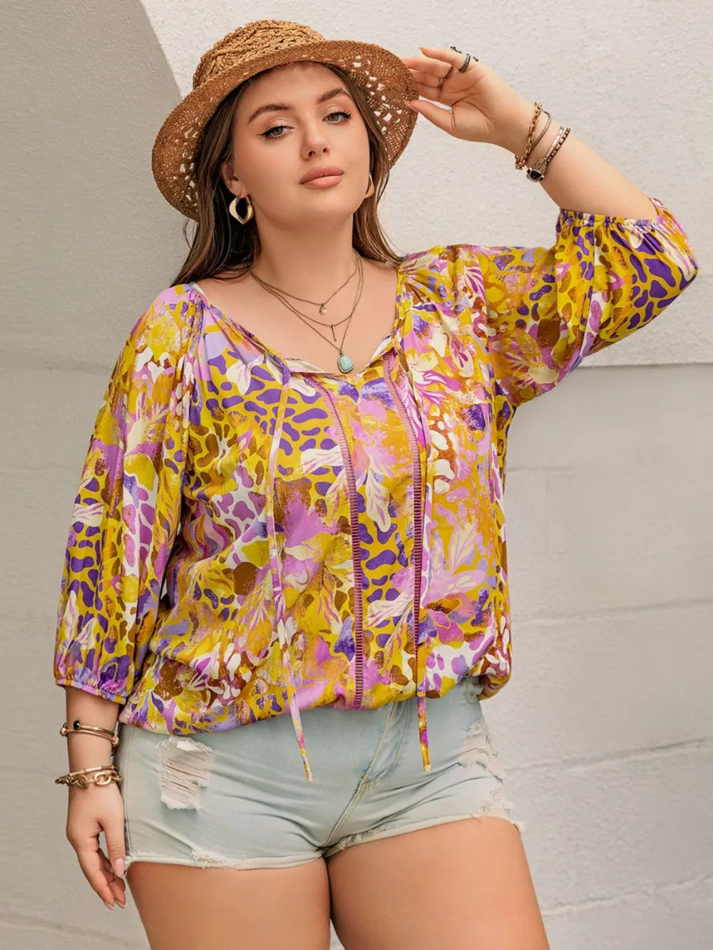 Plus Size Printed Tie Neck Blouse - Premium Plus Size Shirts from Trendsi - Just $28.50! Shop now at Handbags Specialist Headquarter