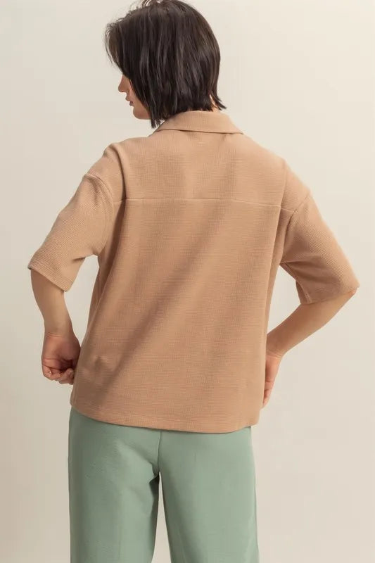 HYFVE Collared Neck Button Down Waffle Shirt - Premium Women's Down Shirt Tops from Trendsi - Just $35.56! Shop now at Handbags Specialist Headquarter