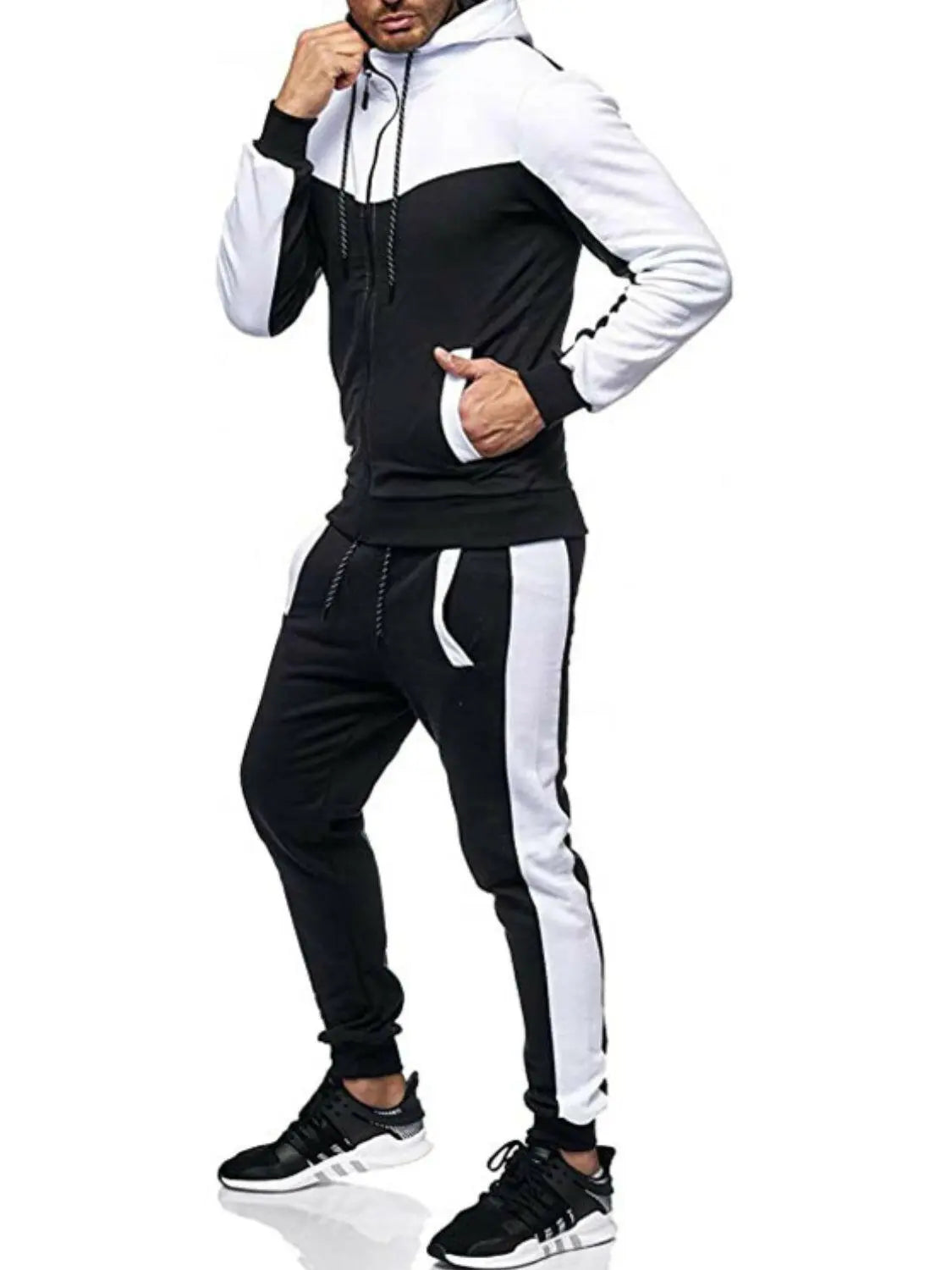 Men's Plus Size Zip Up Contrast Hoodie and Pants Set.