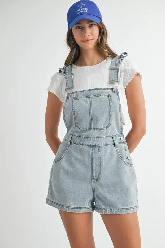 MABLE Square Neck Ruffle Shoulder Denim Overall Romper - Premium Women / Jeans & Denim from Trendsi - Just $67.12! Shop now at Handbags Specialist Headquarter