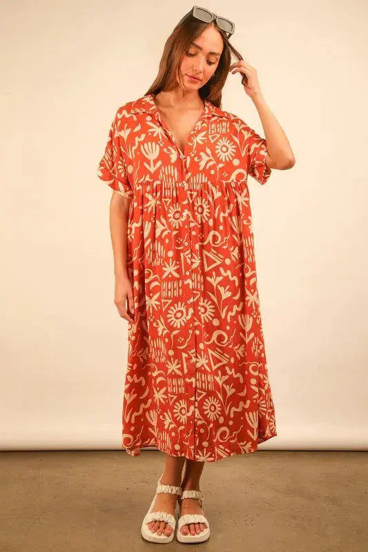 VERY J Plus Size Oversized Printed Shirt Midi Dress.