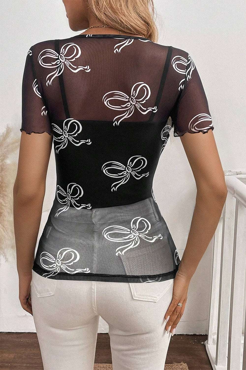 Bow Mesh Round Neck Short Sleeve T-Shirt - Premium Women / Tops from Trendsi - Just $14.84! Shop now at Handbags Specialist Headquarter