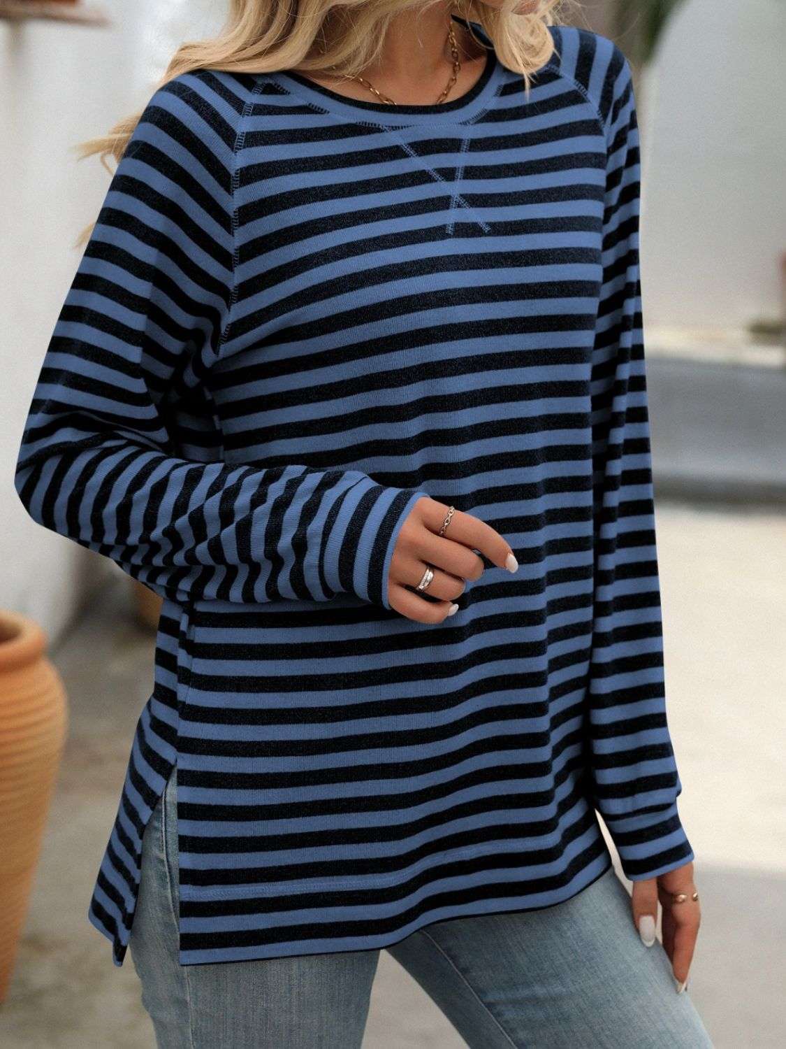 Mandy Striped Round Neck Long Sleeve T-Shirt - Premium Women / Tops from Trendsi - Just $24.72! Shop now at Handbags Specialist Headquarter