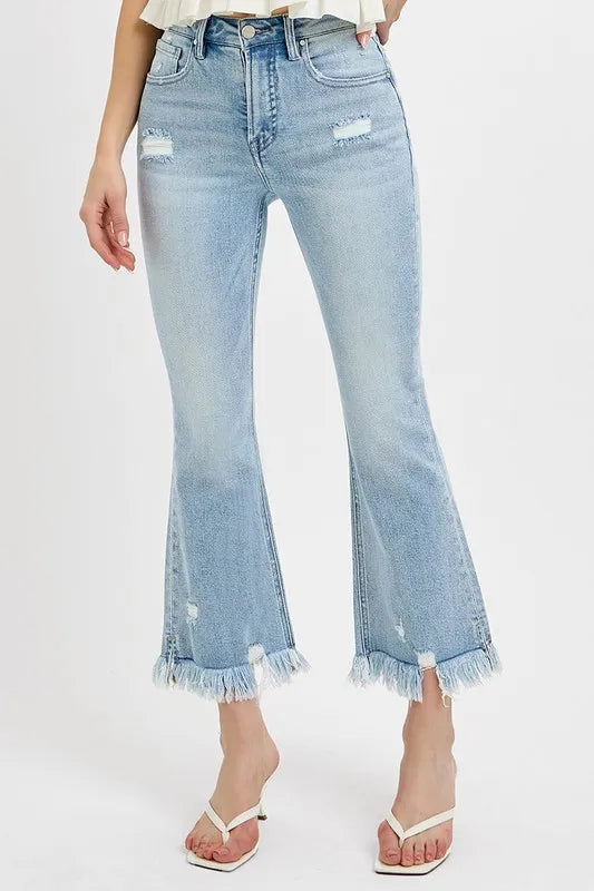 RISEN Full Size Raw Hem Distressed Cropped Flare Jeans Plus Size - Premium Women / Jeans & Denim from Trendsi - Just $53.99! Shop now at Handbags Specialist Headquarter
