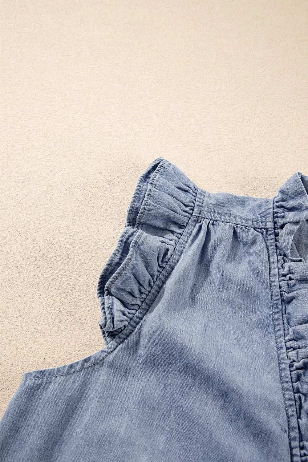 Frilly Ruffle Trim V Neck Chambray Tank - Premium Women / Jeans & Denim from Trendsi - Just $39.66! Shop now at Handbags Specialist Headquarter