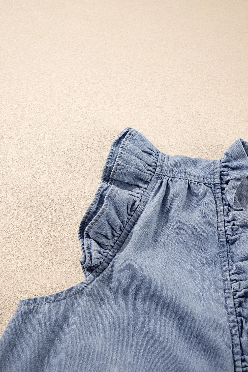 Frilly Ruffle Trim V Neck Chambray Tank - Premium Women / Jeans & Denim from Trendsi - Just $39.66! Shop now at Handbags Specialist Headquarter