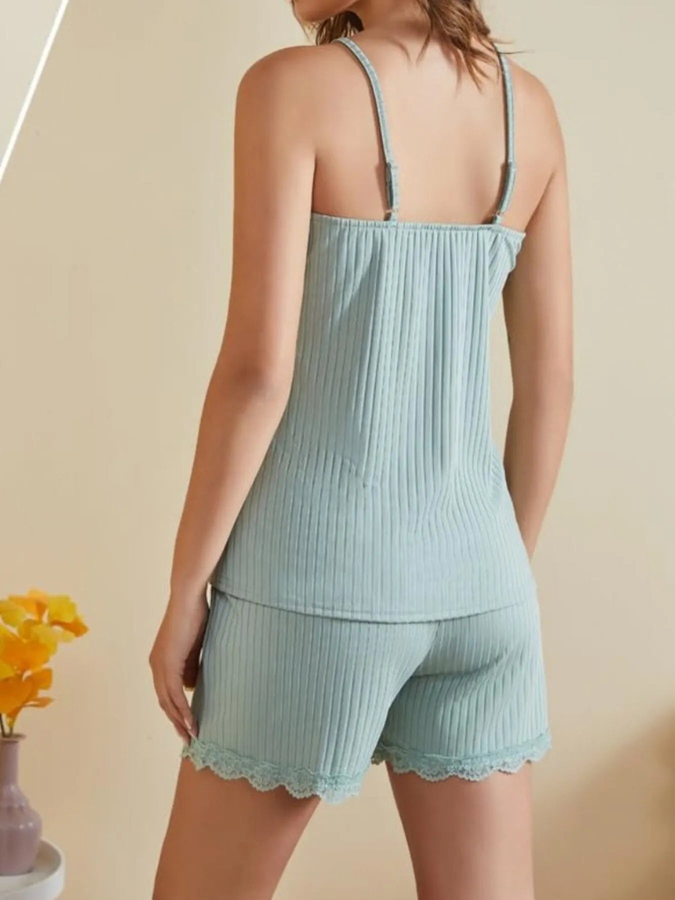 Lace-Trimmed Ribbed Cami and Shorts Lounge Set - Premium Sleepwear from Trendsi - Just $26.99! Shop now at Handbags Specialist Headquarter