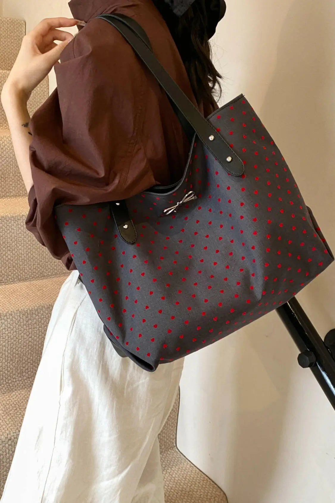 Polyester Bow Polka Dot Tote Bag.