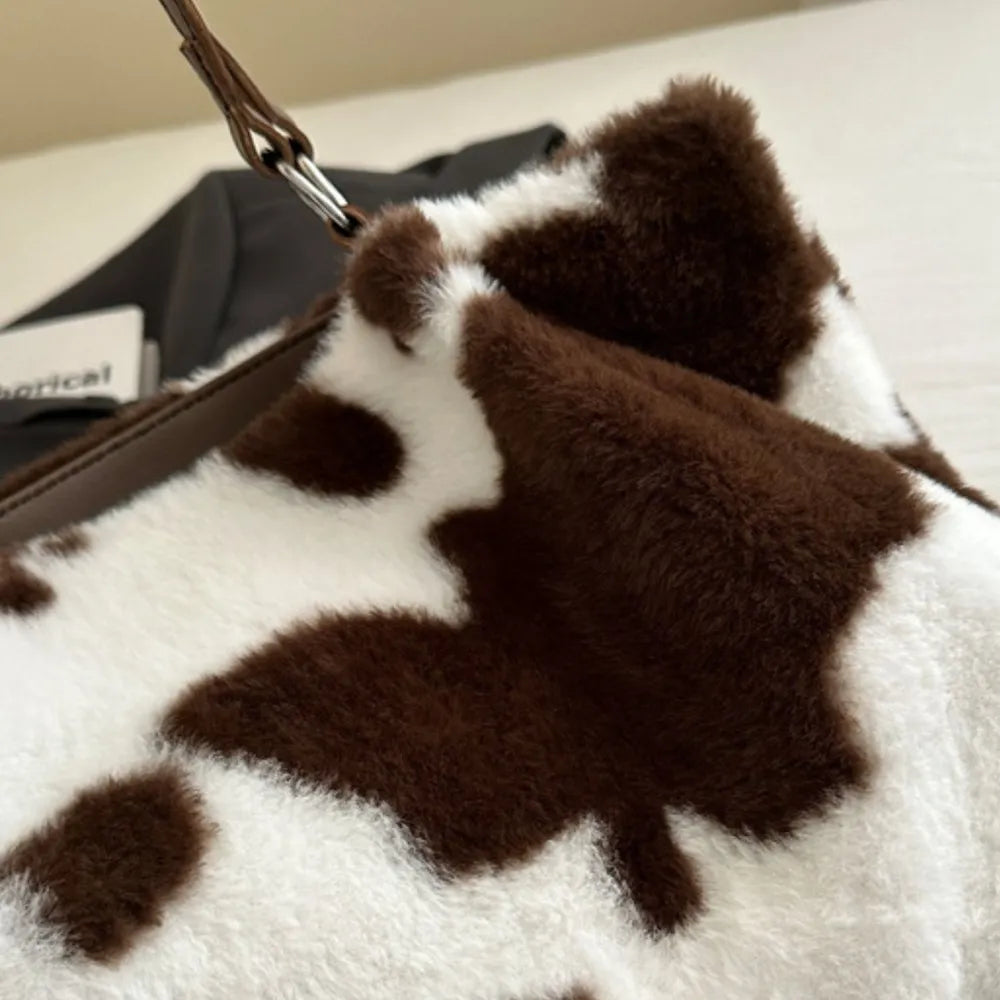 Cow Print Furry Tote Bag - Premium Tote Bag from Trendsi - Just $39.99! Shop now at Handbags Specialist Headquarter