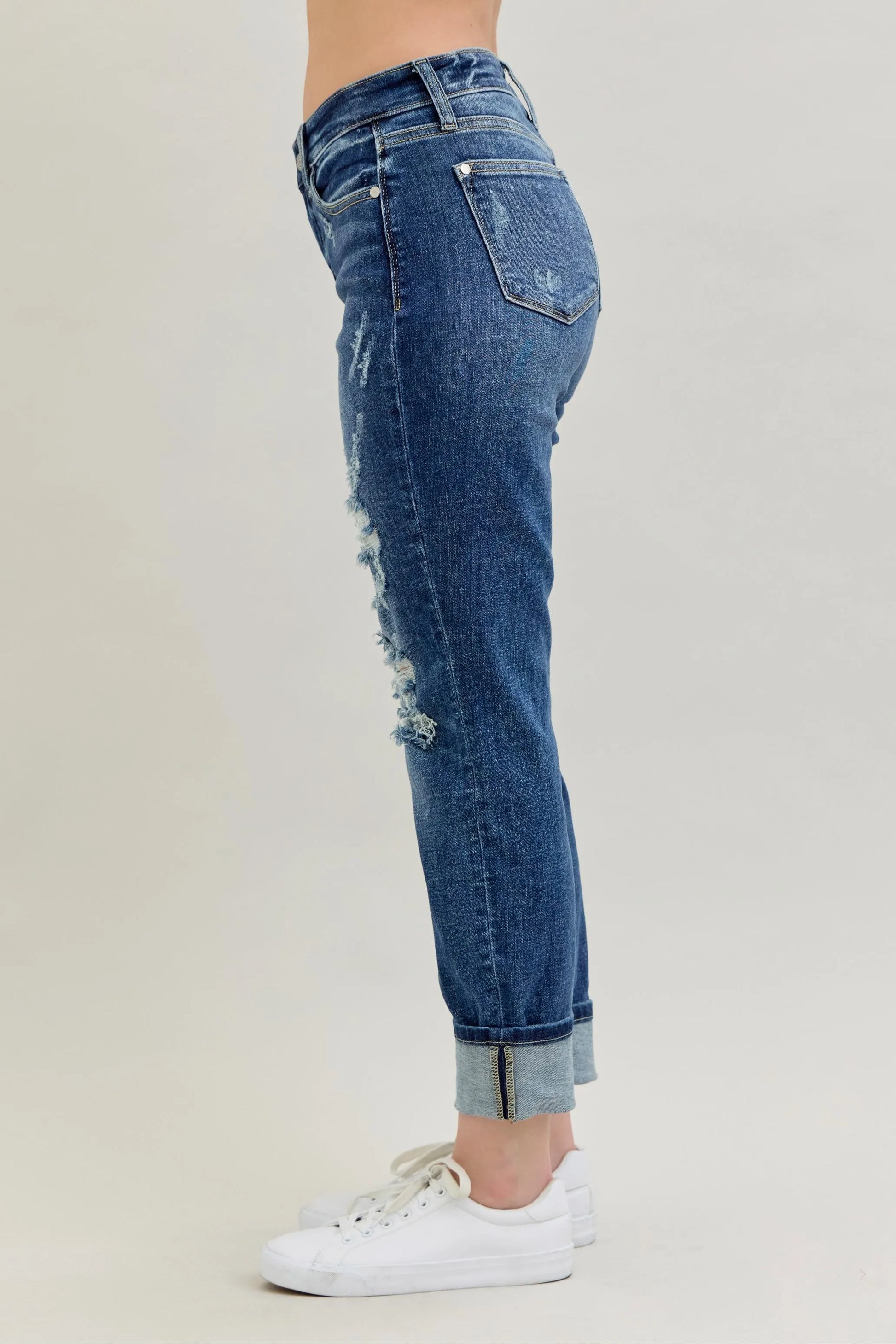 Judy Blue Full Size Mid Rise Cuffed Destroy Bf Jeans Plus Size - Premium Women / Jeans & Denim from Trendsi - Just $62.99! Shop now at Handbags Specialist Headquarter
