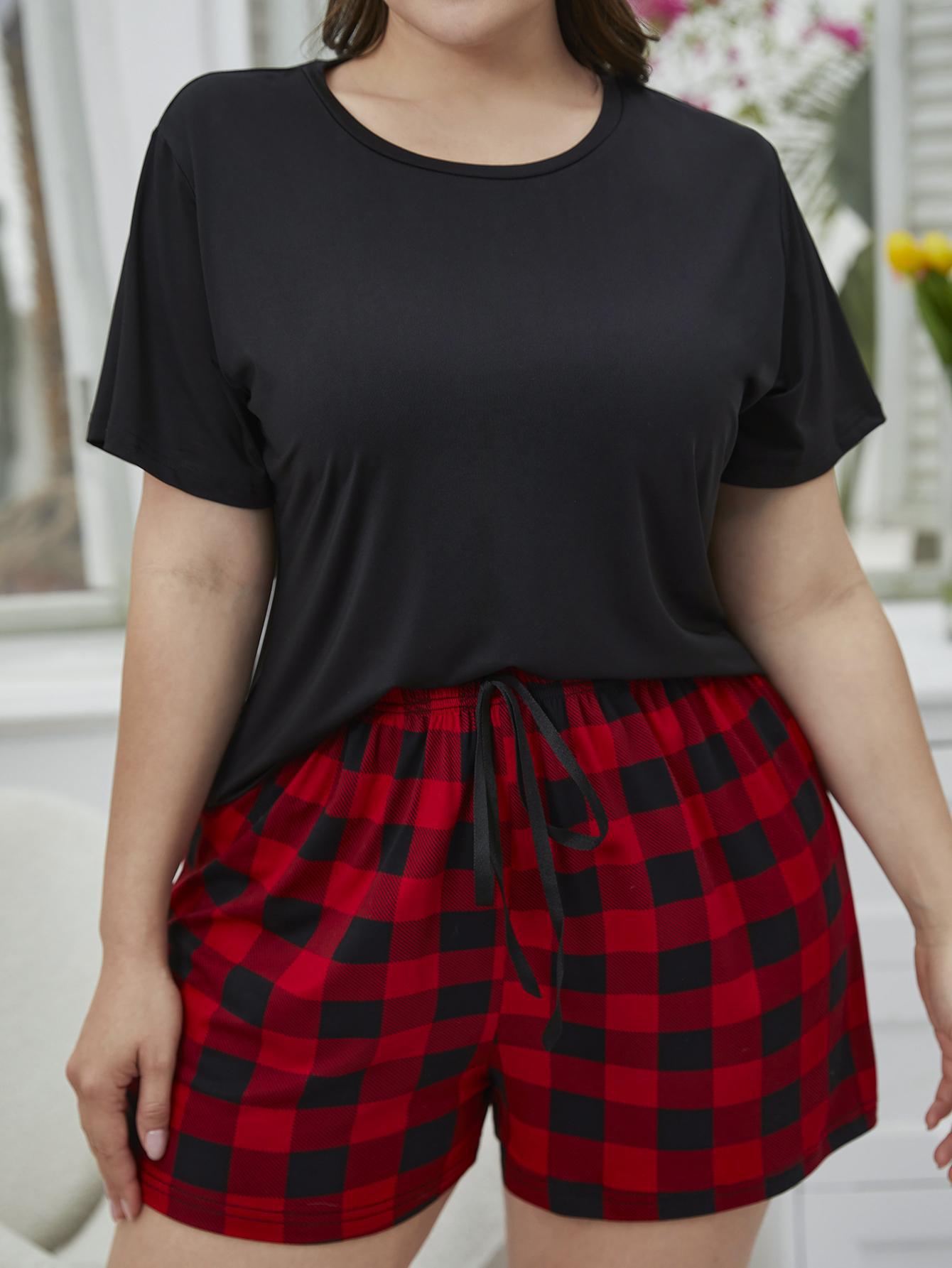 Plus Size Round Neck Tee Shirt and Plaid Shorts Lounge Set - Premium Plus Size Shirts from Trendsi - Just $28! Shop now at Handbags Specialist Headquarter