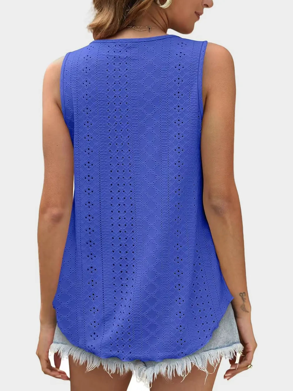 Florira Eyelet Round Neck Tank - Premium Tops from Trendsi - Just $18.22! Shop now at Handbags Specialist Headquarter