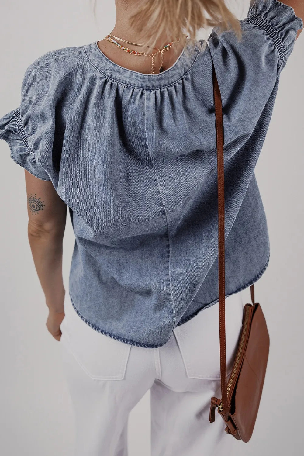 V Neck Ruffled Short Puff Sleeve Denim Top - Premium Women / Jeans & Denim from Trendsi - Just $39.06! Shop now at Handbags Specialist Headquarter