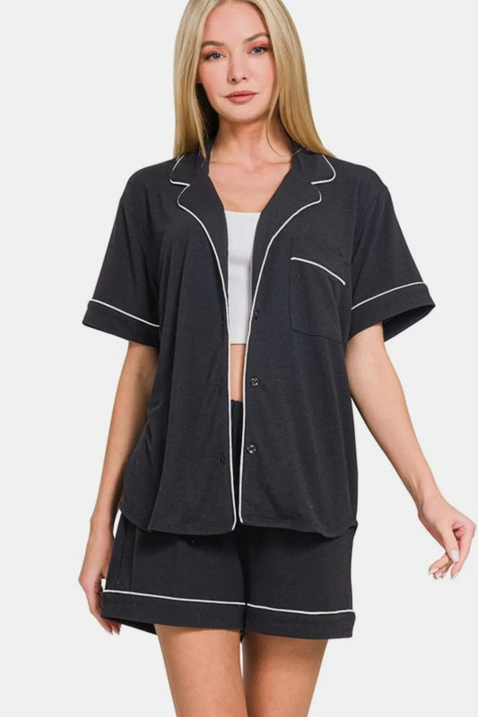 Zenana Button Down Short Sleeve Top and Shorts Lounge Set - Premium Sleepwear from Trendsi - Just $39.24! Shop now at Handbags Specialist Headquarter