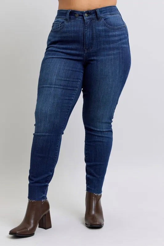 Judy Blue Full Size Mid Rise Skinny Jeans with Raw Hem Plus Size - Premium Women / Jeans & Denim from Trendsi - Just $55.99! Shop now at Handbags Specialist Headquarter