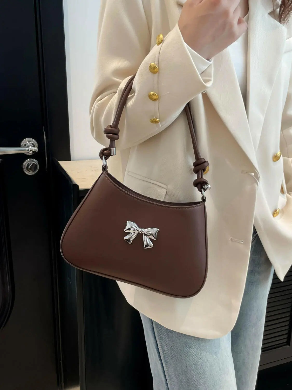 Bow PU Leather Knotted Strap Handbag.