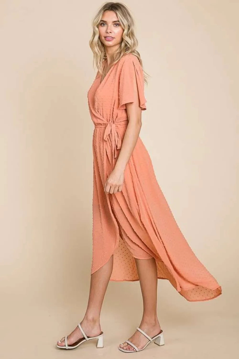 Culture Code Full Size Swiss Dot Tied Slit Short Sleeve Dress - Premium Dresses from Trendsi - Just $49.99! Shop now at Handbags Specialist Headquarter
