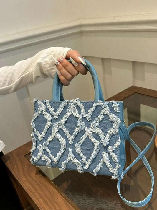 Raw Hem Denim PU Leather Handbag.