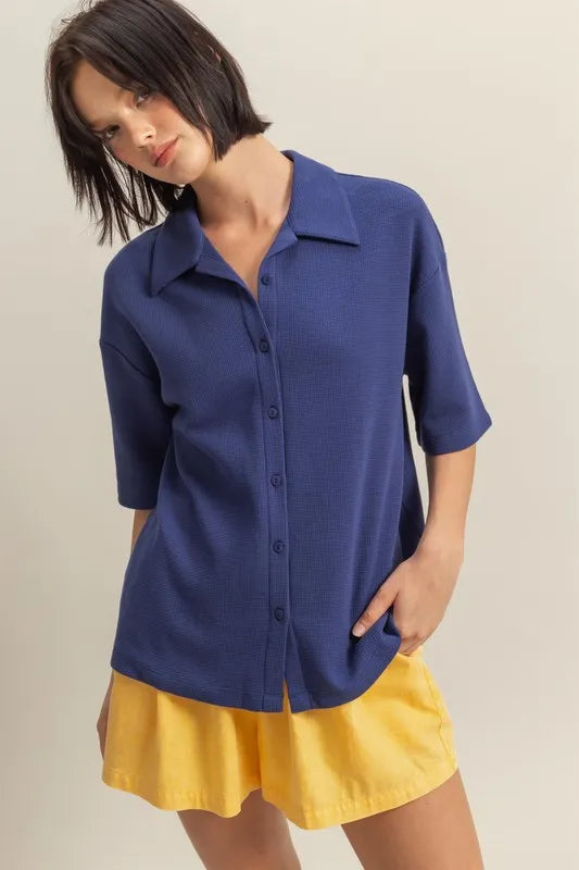 HYFVE Collared Neck Button Down Waffle Shirt - Premium Women's Down Shirt Tops from Trendsi - Just $35.56! Shop now at Handbags Specialist Headquarter