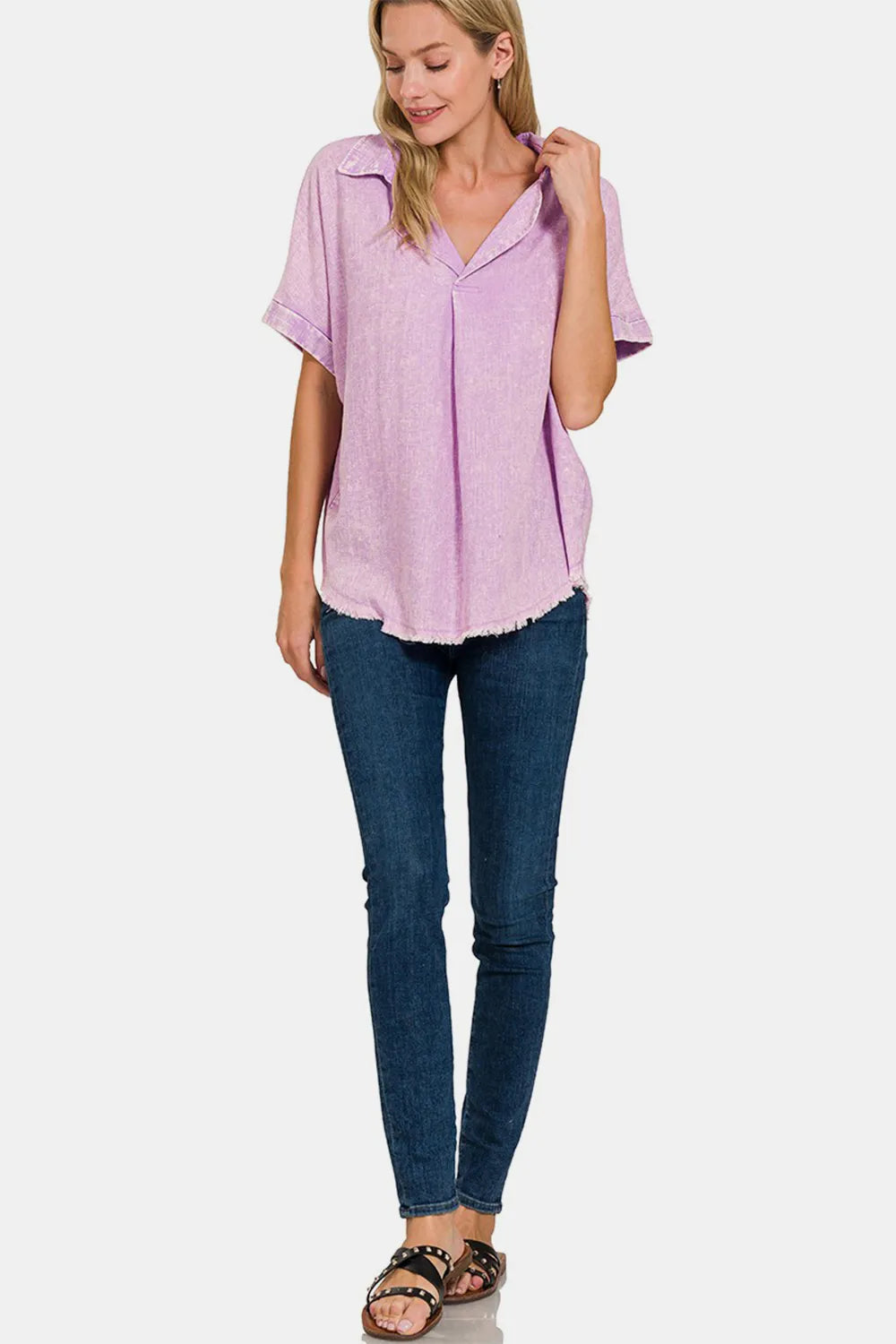 Zenana Washed Linen Raw Hem V-Neck Shirt - Premium Women / Jeans & Denim from Trendsi - Just $38.52! Shop now at Handbags Specialist Headquarter