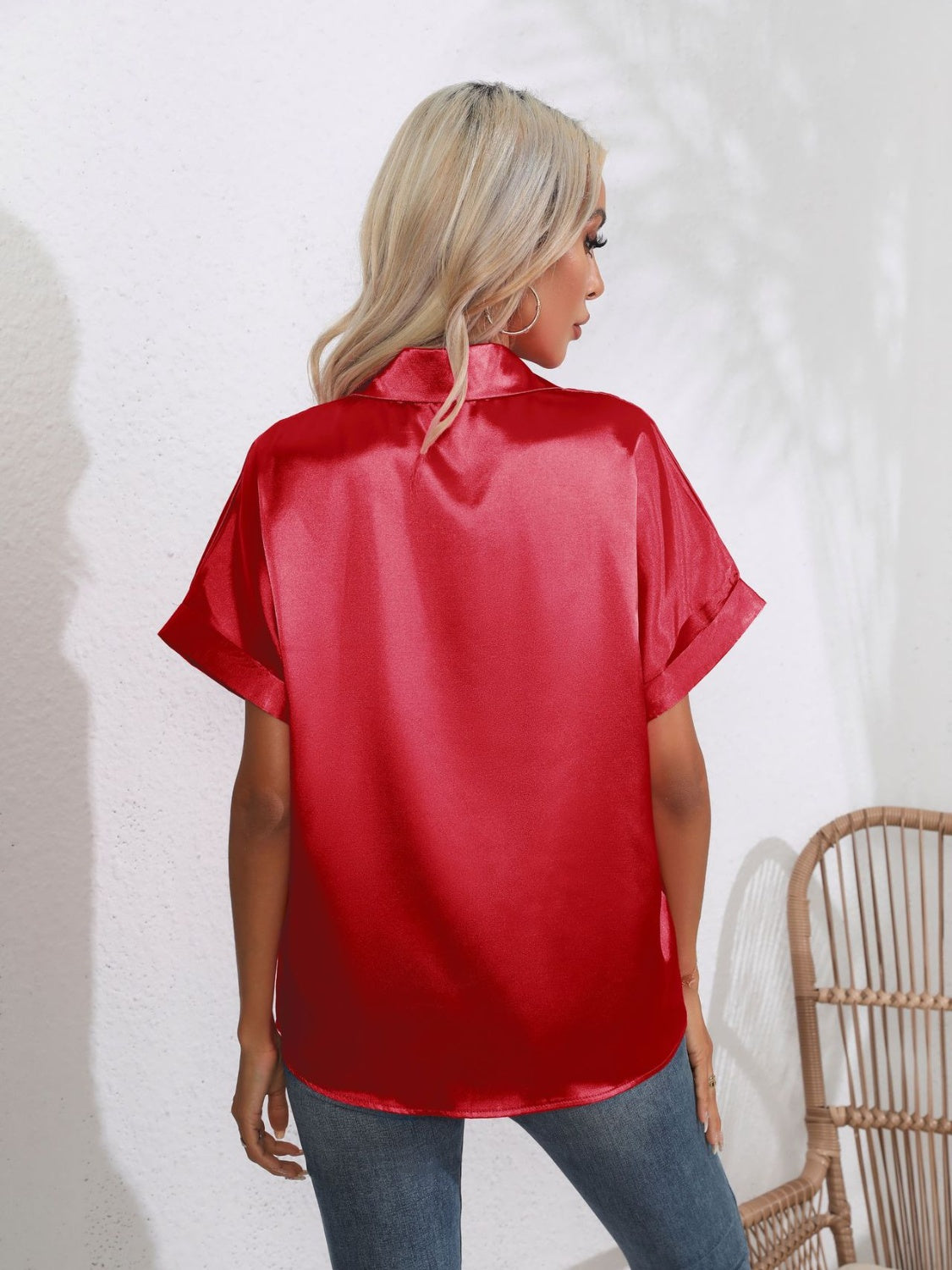 Button Down Collared Neck Short Sleeve Satin Shirt - Premium Women / Tops from Trendsi - Just $18.76! Shop now at Handbags Specialist Headquarter