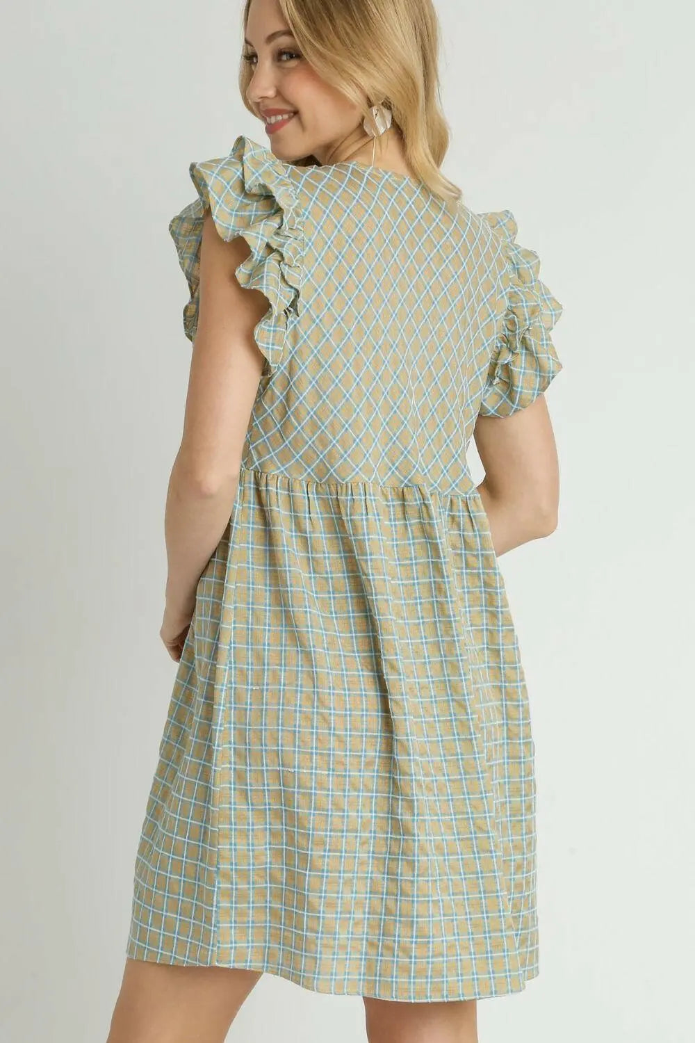 Umgee Full Size Plaid V-Neck Ruffle Cap Sleeve Dress Plus Size.