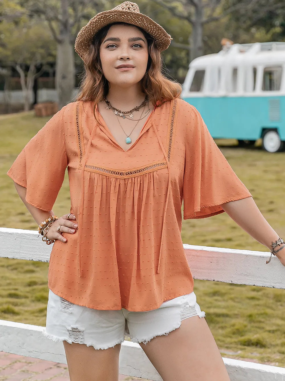 Plus Size Ruched Tie Neck Half Sleeve Blouse - Premium Plus Size Shirts from Trendsi - Just $26.98! Shop now at Handbags Specialist Headquarter
