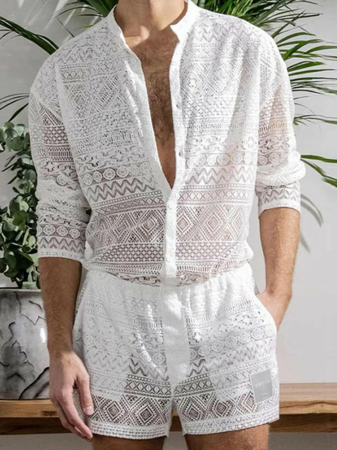 Men's Full Size Lace Button Down Top and Shorts Set Plus Size.
