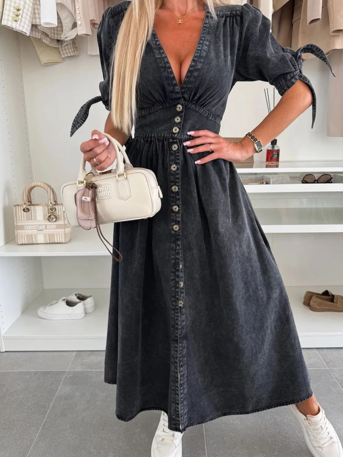 Button Front V-Neck Half Sleeve Denim Dress - Premium Women / Jeans & Denim from Trendsi - Just $53.68! Shop now at Handbags Specialist Headquarter