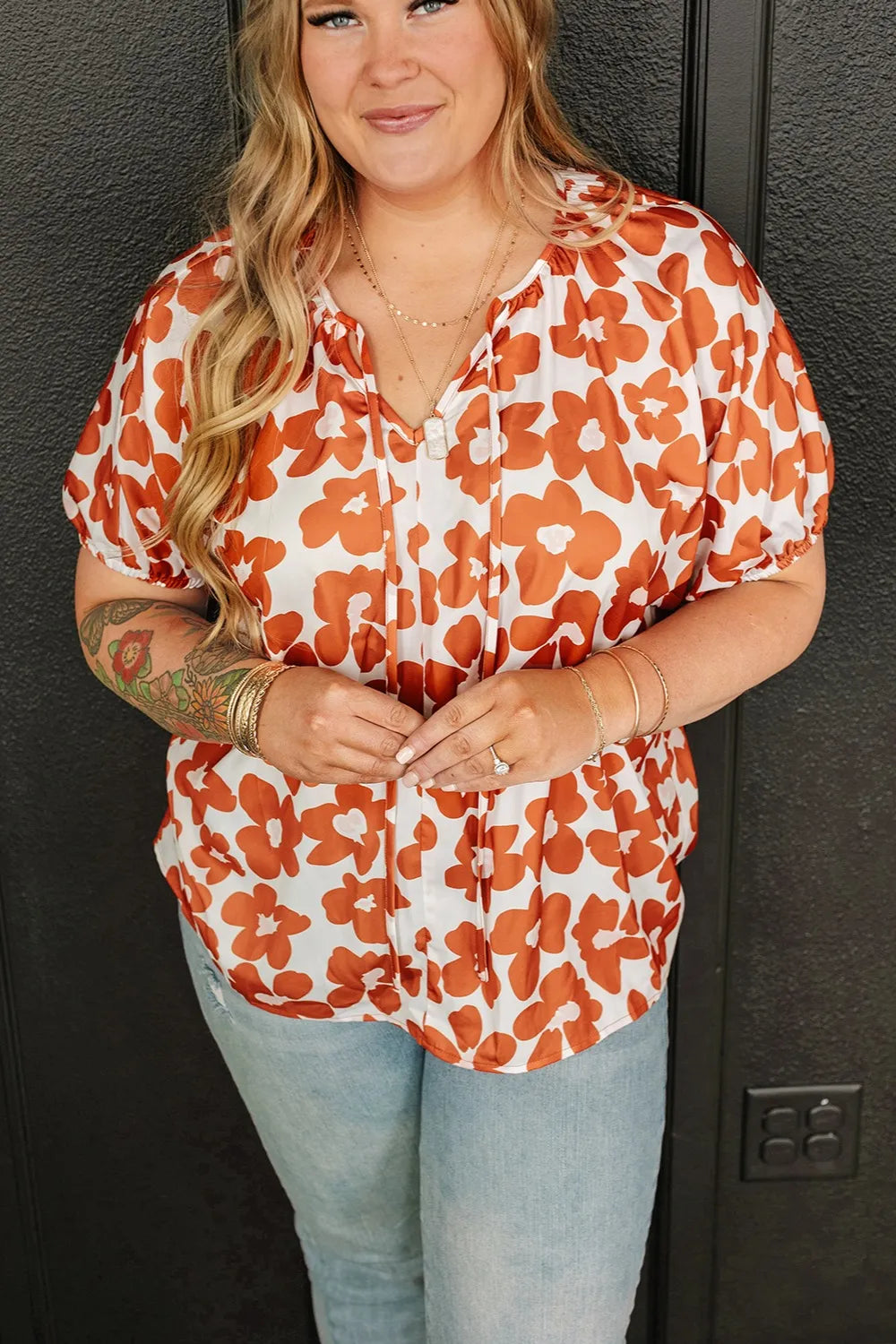 Plus Size Printed Tie Neck Short Sleeve Blouse - Premium Plus Size Shirts from Trendsi - Just $21! Shop now at Handbags Specialist Headquarter