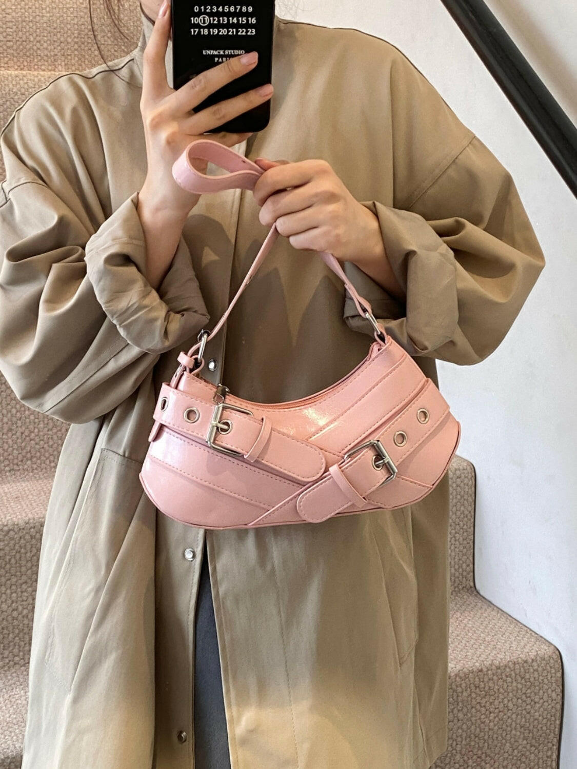 PU Leather Buckle Shoulder Bag.