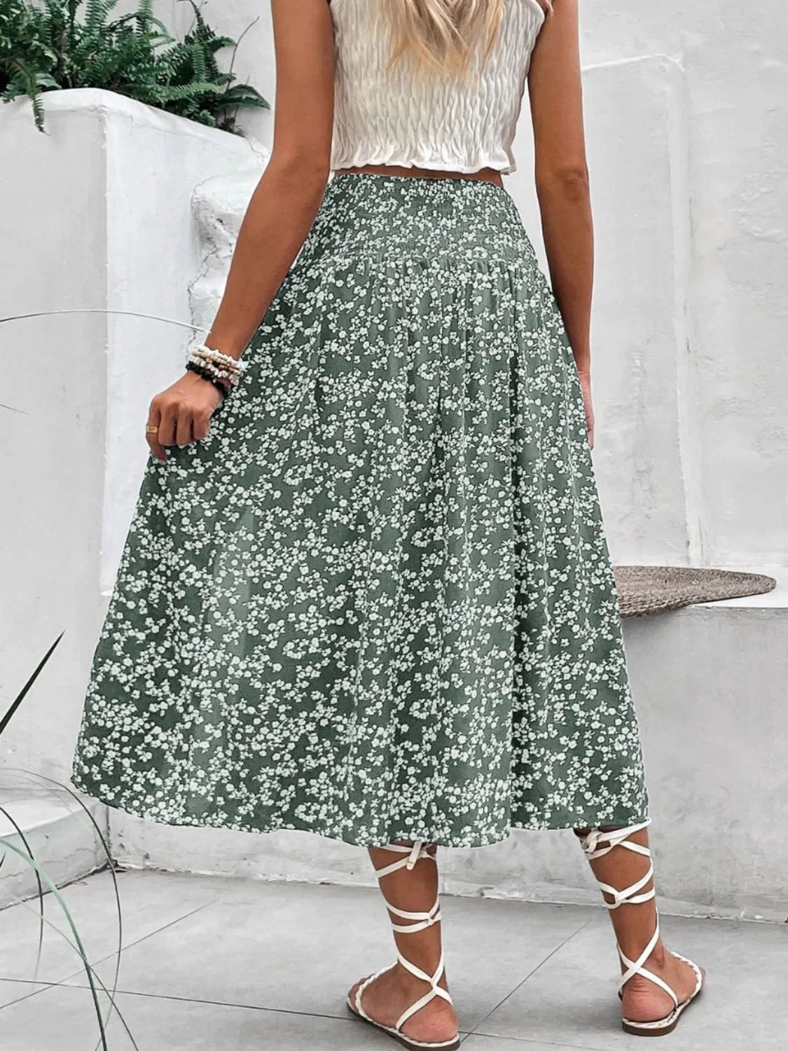 Slit Smocked Printed Skirt - Premium Skirts from Trendsi - Just $32.99! Shop now at Handbags Specialist Headquarter