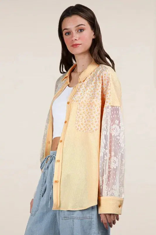 VERY J Plus Size Contrast Ribbed Knit Lace Shacket.