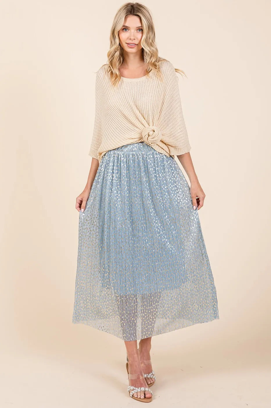 Mittoshop Metallic Glitter Speckle Print Elastic Midi Skirt - Premium Skirts from Trendsi - Just $60.99! Shop now at Handbags Specialist Headquarter