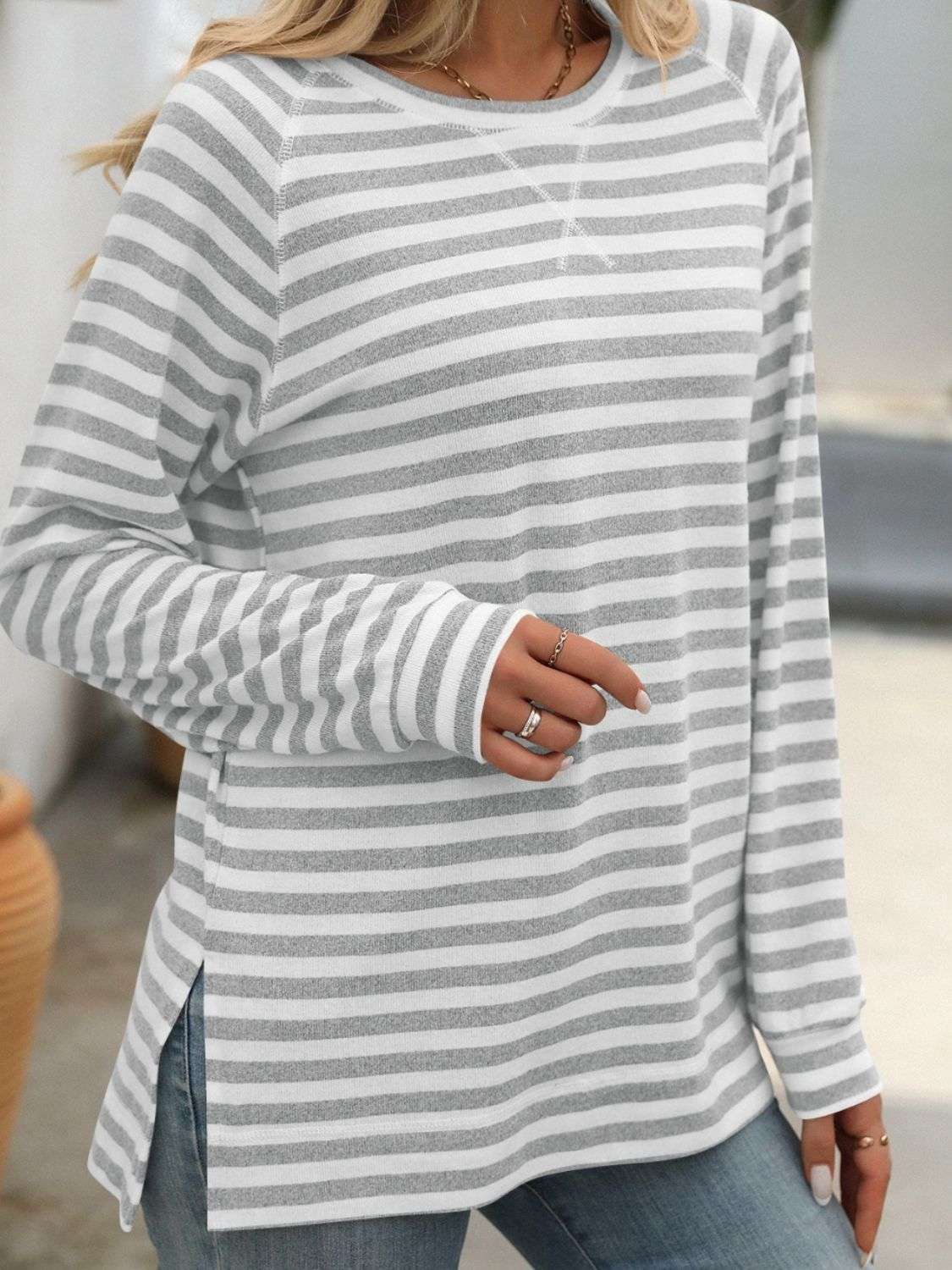 Mandy Striped Round Neck Long Sleeve T-Shirt - Premium Women / Tops from Trendsi - Just $24.72! Shop now at Handbags Specialist Headquarter