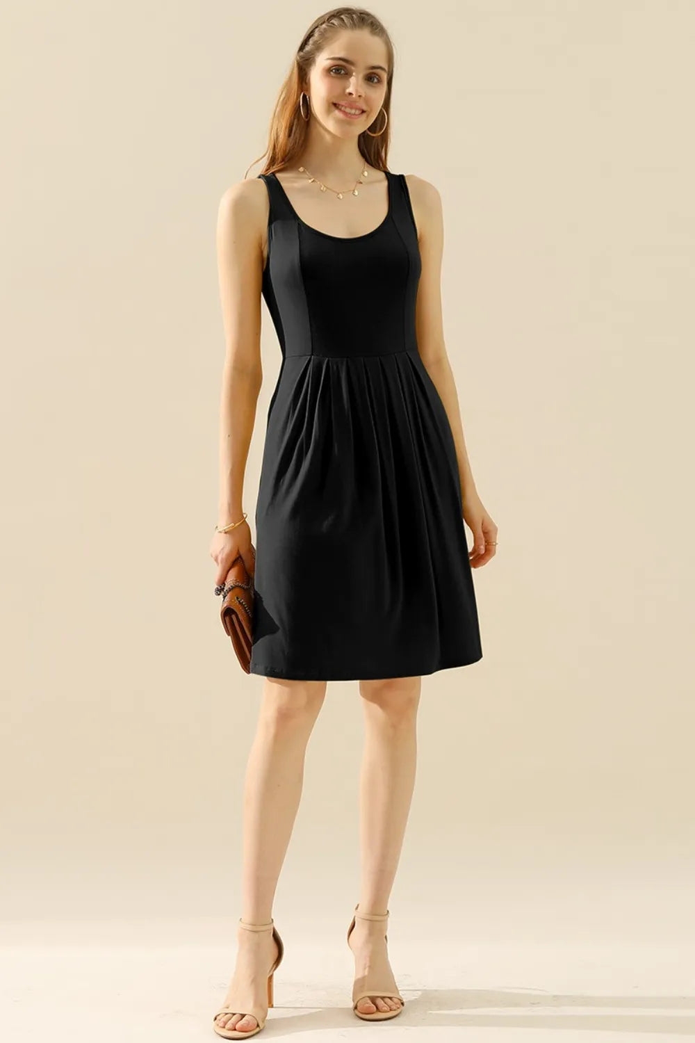 Doublju Full Size Round Neck Ruched Sleeveless Dress with Pockets - Premium Dresses from Trendsi - Just $15.99! Shop now at Handbags Specialist Headquarter