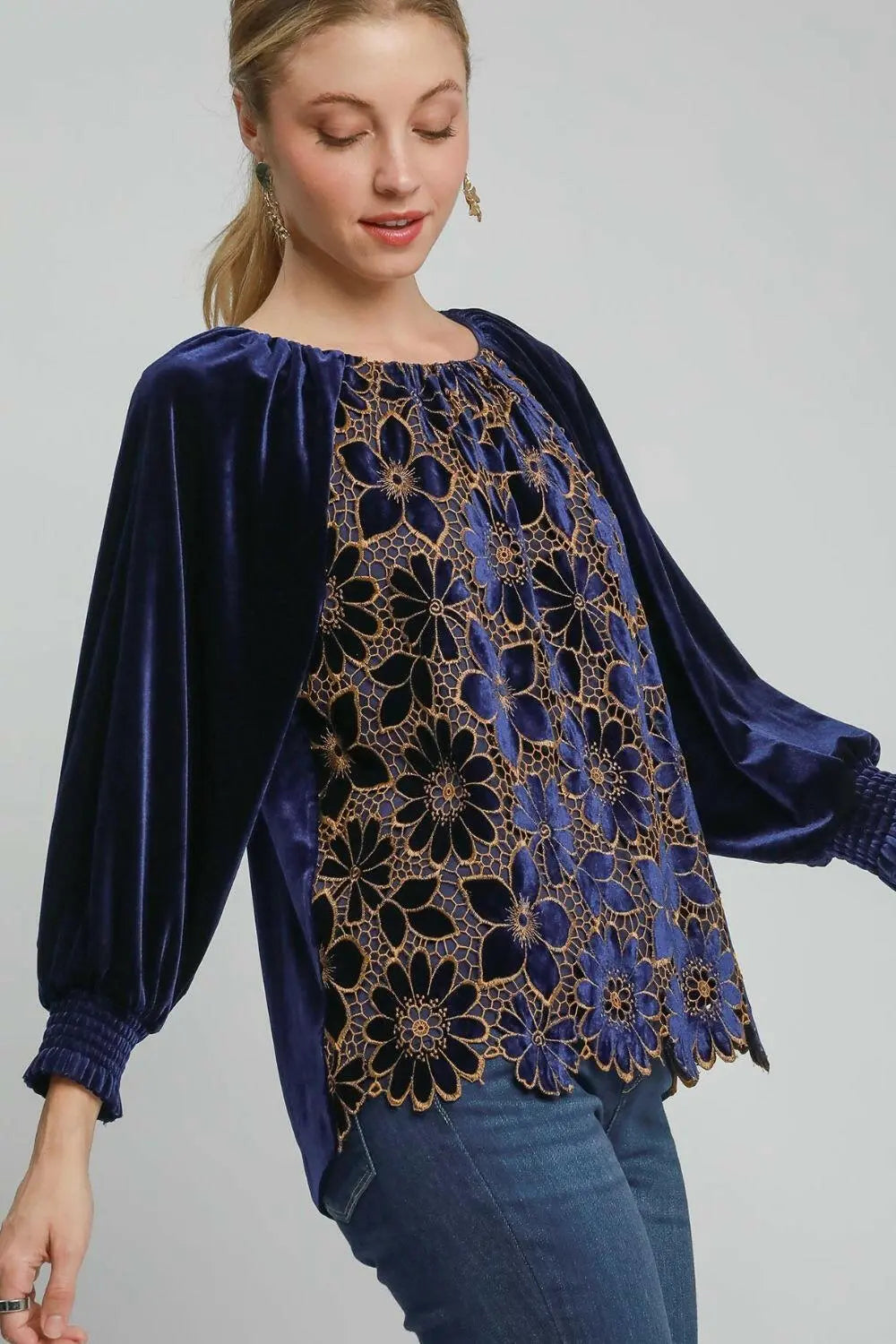 Umgee Full Size Floral Lace Velvet Raglan Sleeve Top Plus Size.
