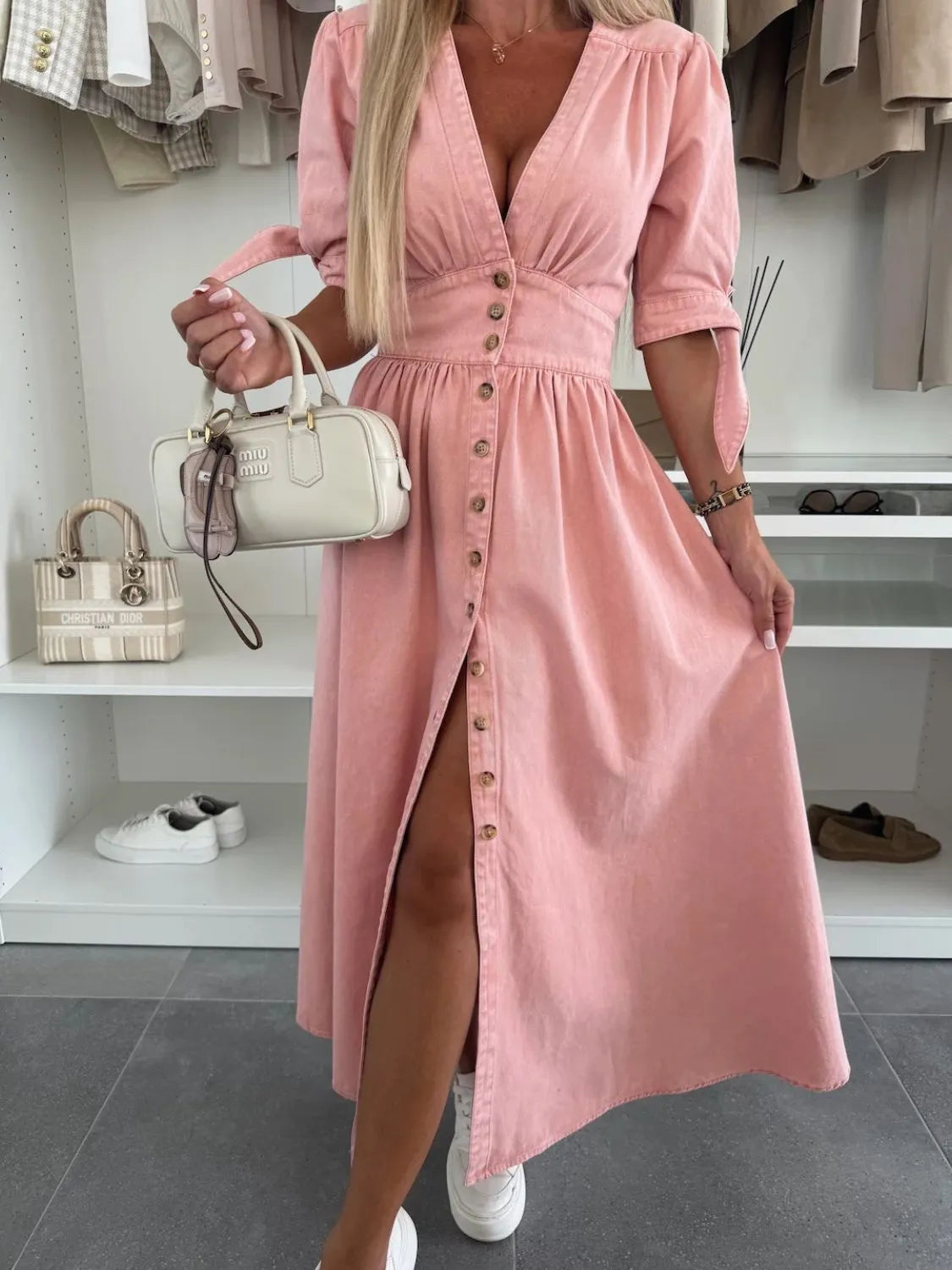 Button Front V-Neck Half Sleeve Denim Dress - Premium Women / Jeans & Denim from Trendsi - Just $53.68! Shop now at Handbags Specialist Headquarter